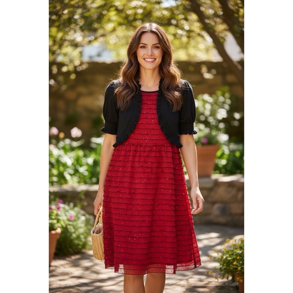 Speechless Red Polka Dot Sequin Ruffle Tiered Party Dress Bolero Women Sz 20.5